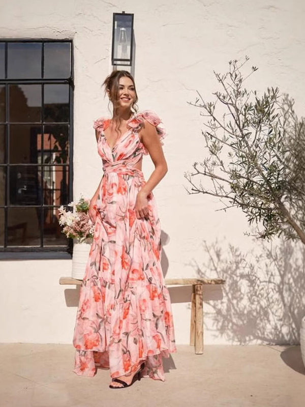 Floral Fantasy Ruffle Shoulder Maxi Dress