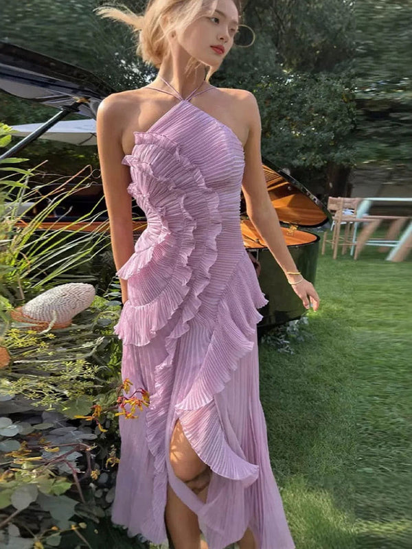 Ruffle Pleated Halter Midi Gown