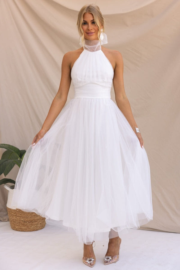 Elegant Tulle Halter Midi Dress