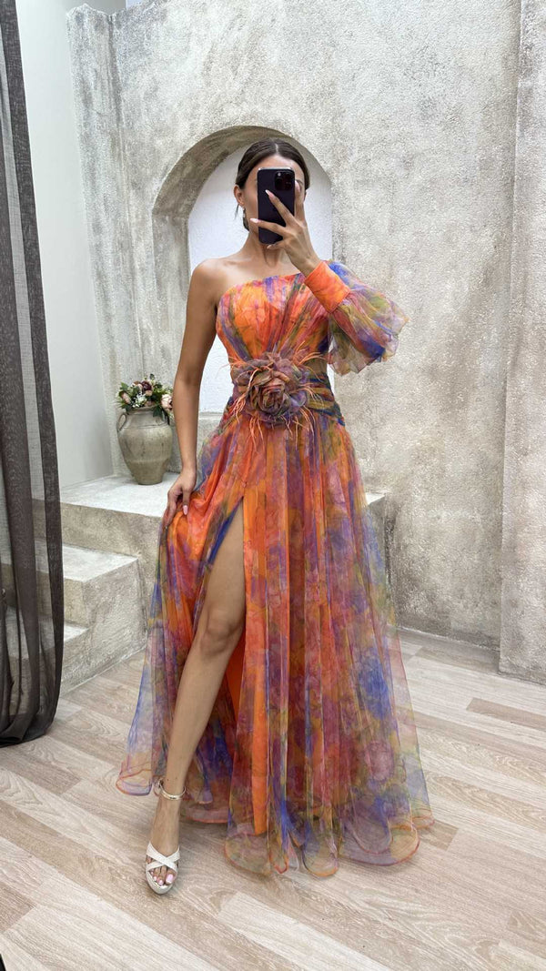 Elegant One-Shoulder Floral Tulle Gown