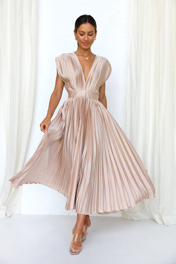 Elegant Pleated V-Neck Midi Dress