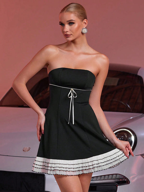 Strapless Black Mini Dress with Pleated Hem