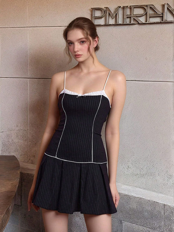 Black Pinstripe Mini Dress with Lace Trim