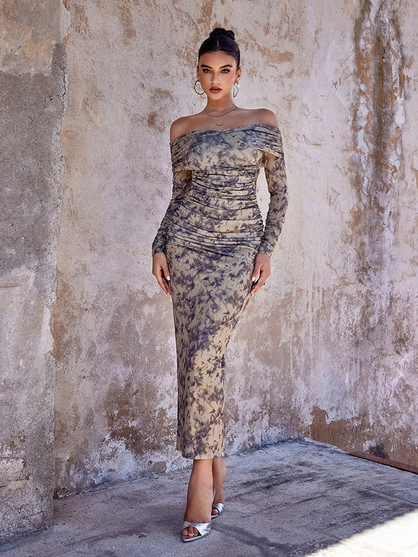 Off Shoulder Tie-Dye Print Bodycon Midi Dress