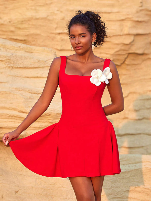 Elegant Red Mini Dress with Floral Accent