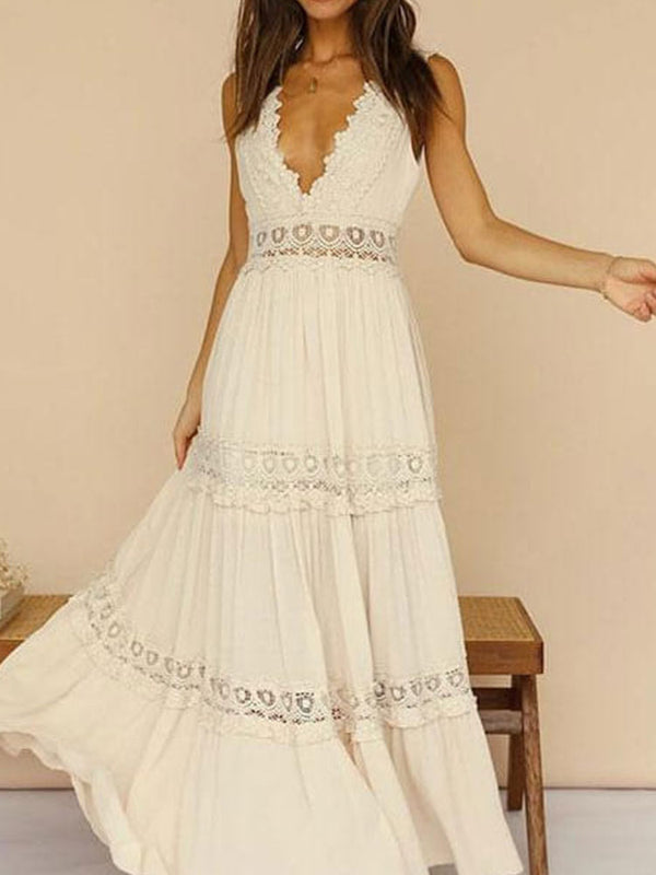 Boho Lace White Maxi Dress – Deep V & Flowing Skirt